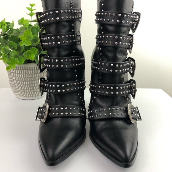 Steve Madden Comet Studded Buckle Pointed Black Leather Heel Boots Size 6 - Picture 6 of 15